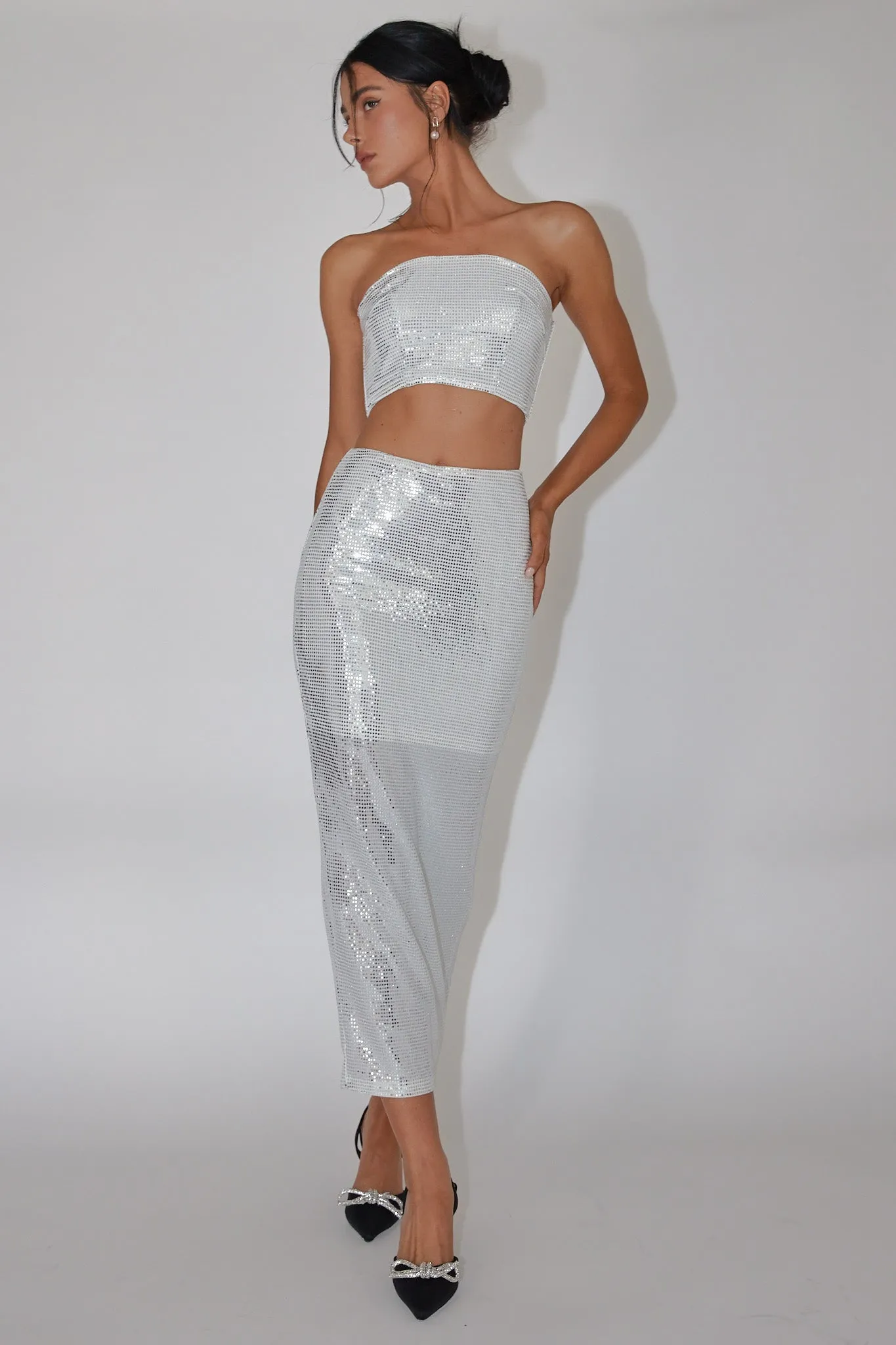 It Girls Sequin Maxi Skirt Silver