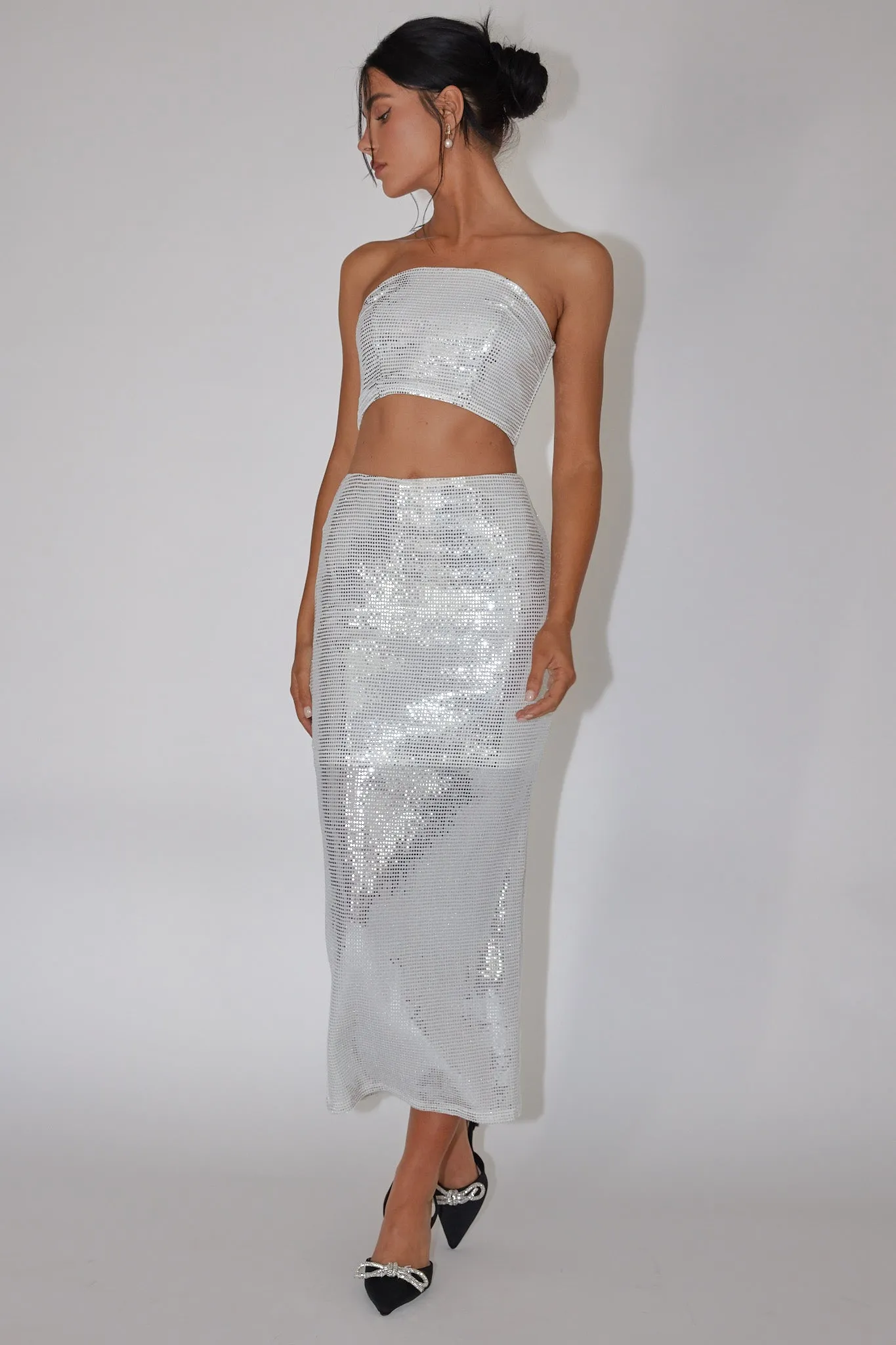 It Girls Sequin Maxi Skirt Silver