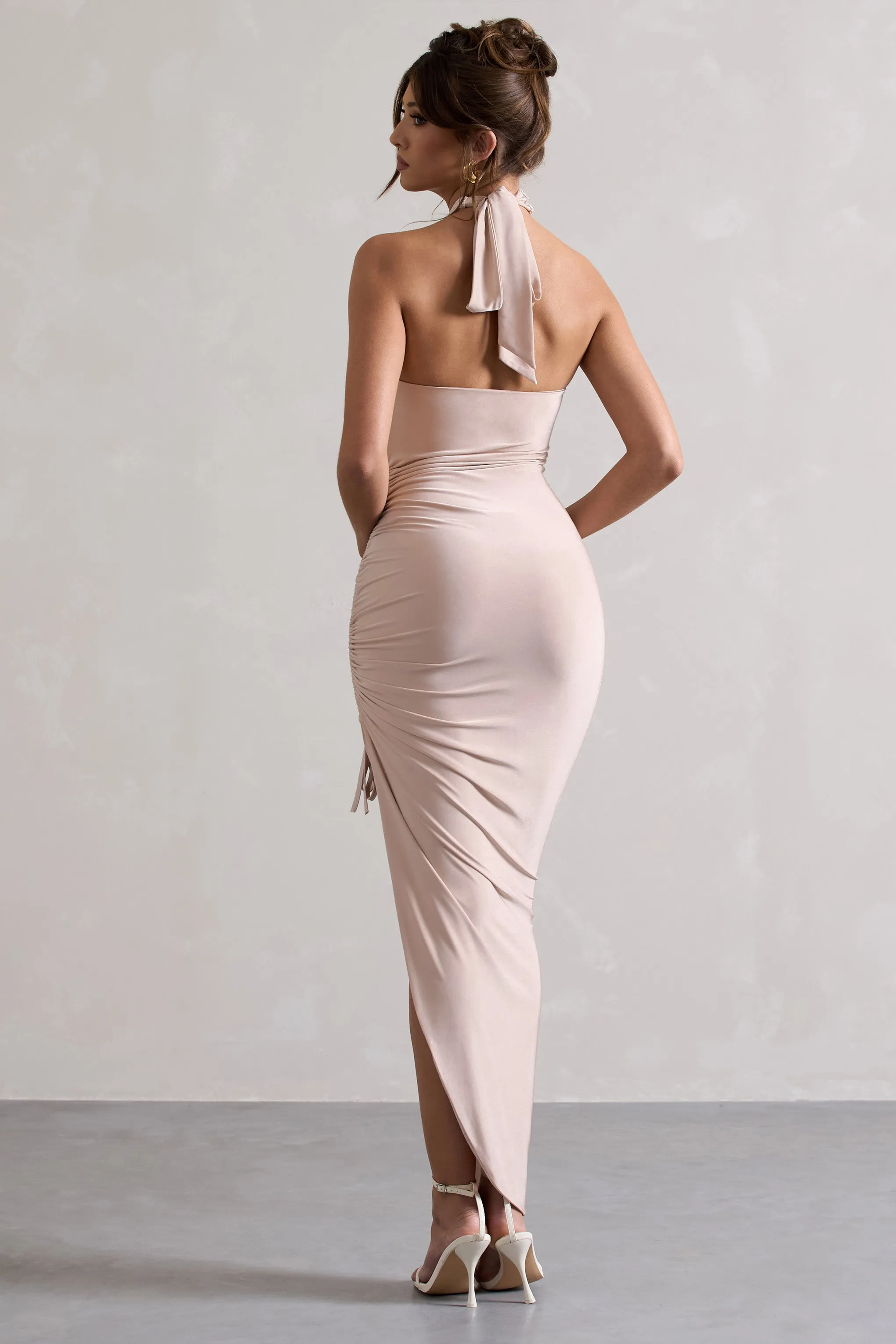 Jaiya | Champagne Ruched Halter-Neck Asymmetric Maxi Dress