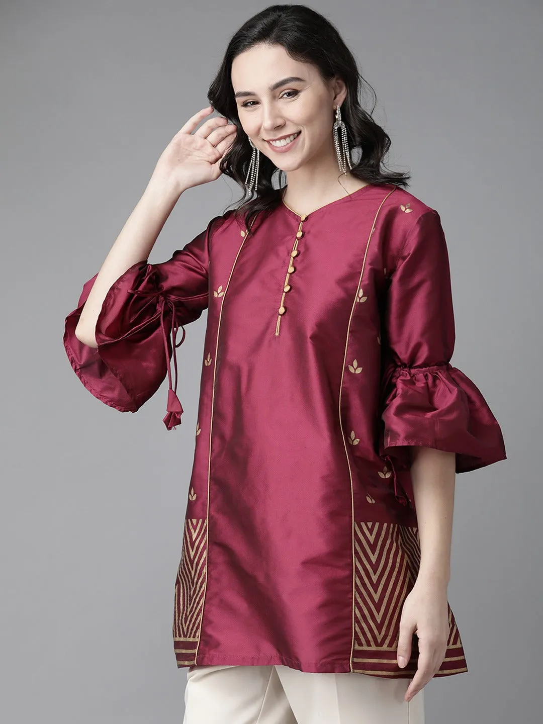 Jashvi Women Magenta & Golden Silk Printed Tunic