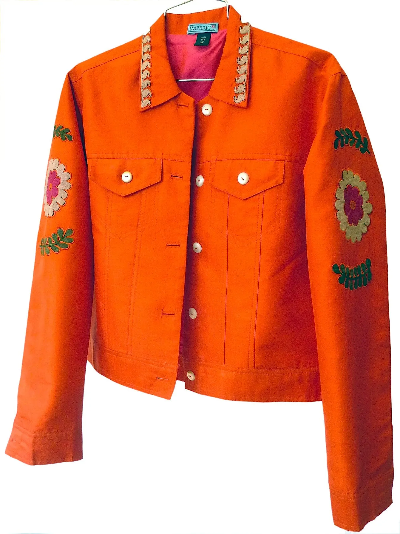 Jean Jacket Vintage Suzani Embroidery Orange Fuchsia