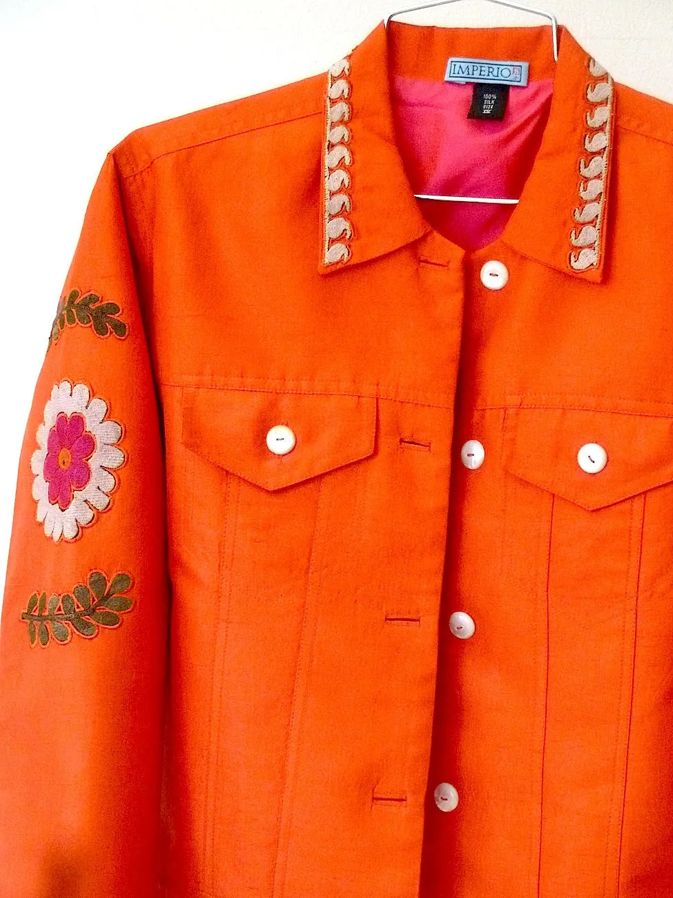 Jean Jacket Vintage Suzani Embroidery Orange Fuchsia