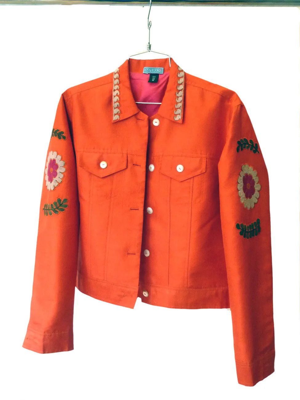 Jean Jacket Vintage Suzani Embroidery Orange Fuchsia