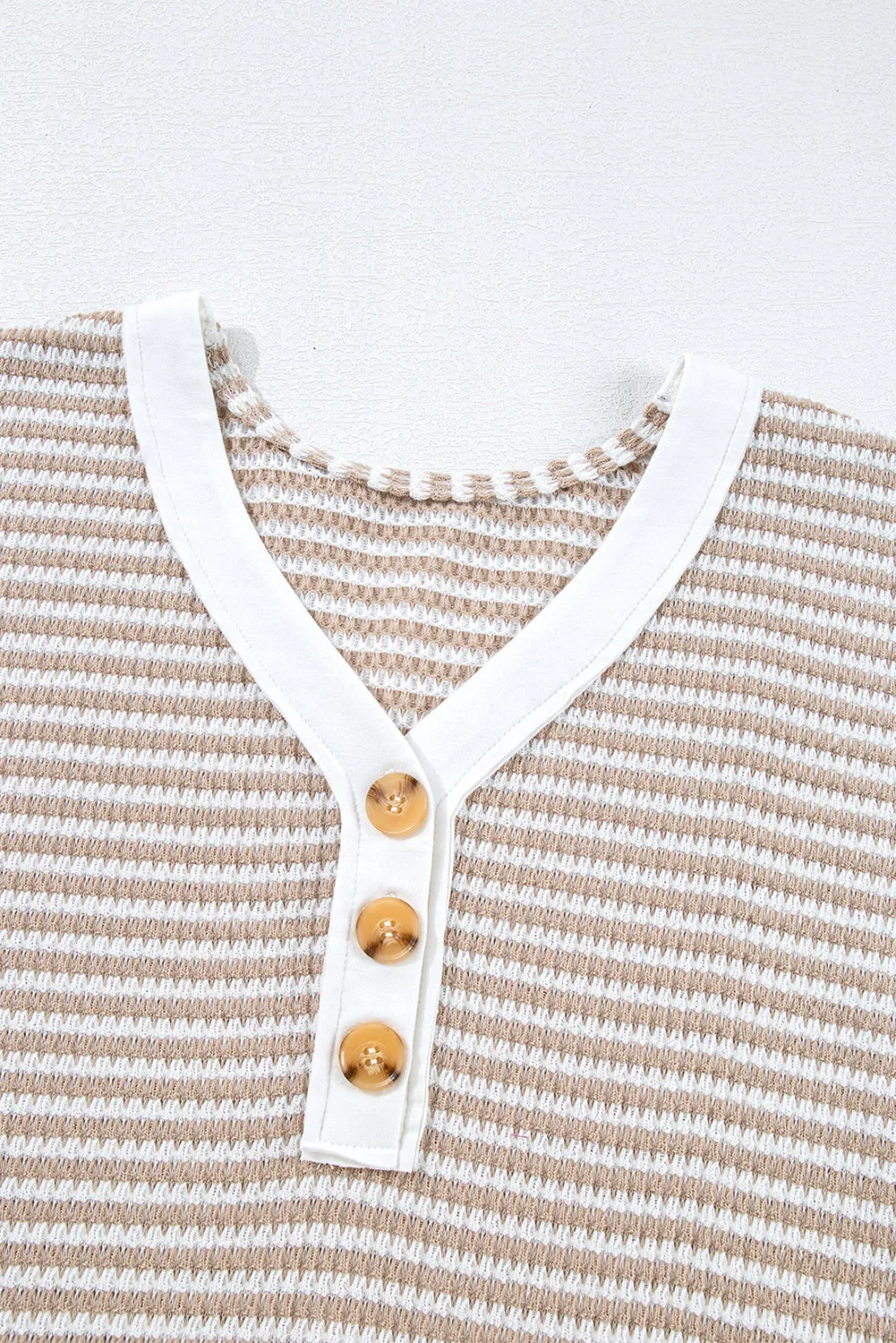 Khaki Striped Button Front V-Neck Knitted Top – Casual Chic Meets Timeless Comfort