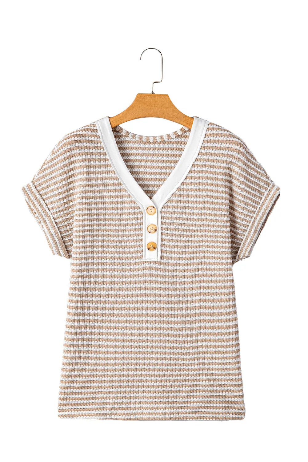 Khaki Striped Button Front V-Neck Knitted Top – Casual Chic Meets Timeless Comfort