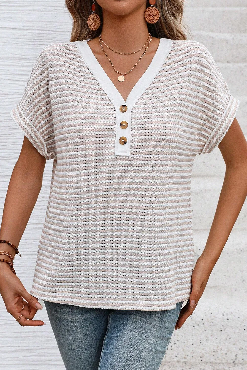 Khaki Striped Button Front V-Neck Knitted Top – Casual Chic Meets Timeless Comfort