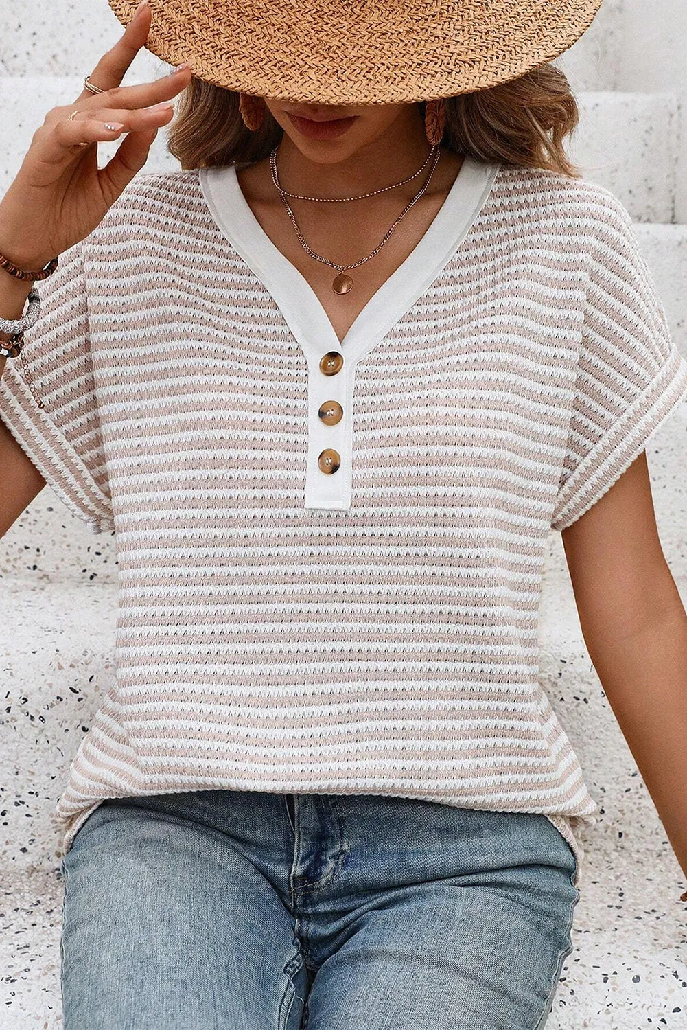 Khaki Striped Button Front V-Neck Knitted Top – Casual Chic Meets Timeless Comfort