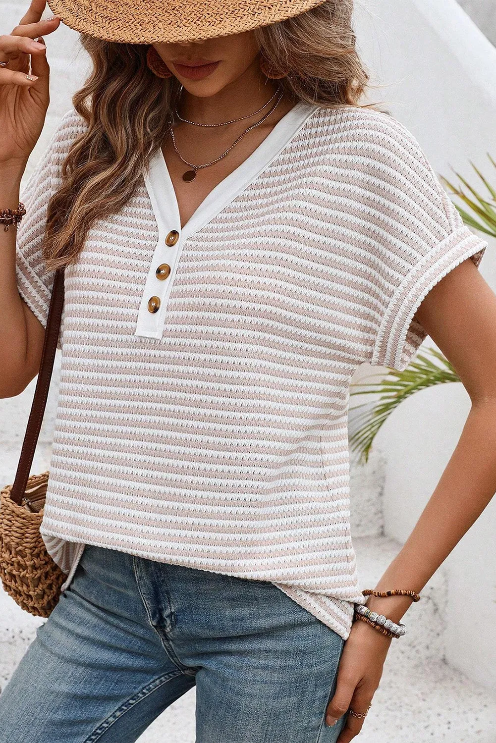 Khaki Striped Button Front V-Neck Knitted Top – Casual Chic Meets Timeless Comfort