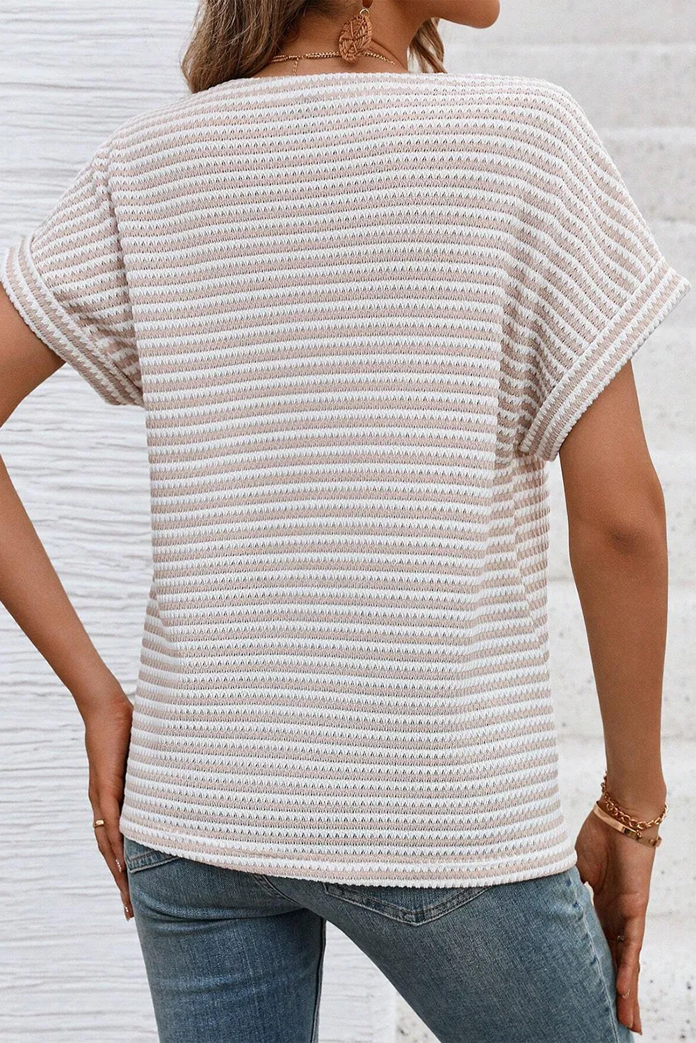 Khaki Striped Button Front V-Neck Knitted Top – Casual Chic Meets Timeless Comfort