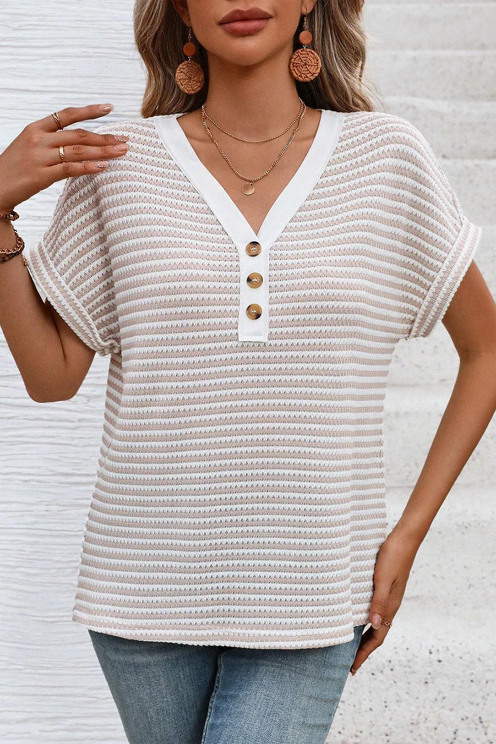 Khaki Striped Button Front V-Neck Knitted Top – Casual Chic Meets Timeless Comfort