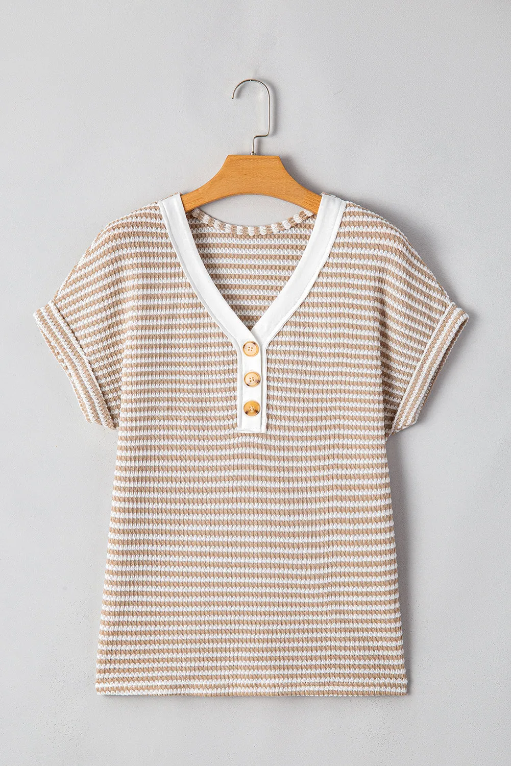 Khaki Striped Button Front V-Neck Knitted Top – Casual Chic Meets Timeless Comfort