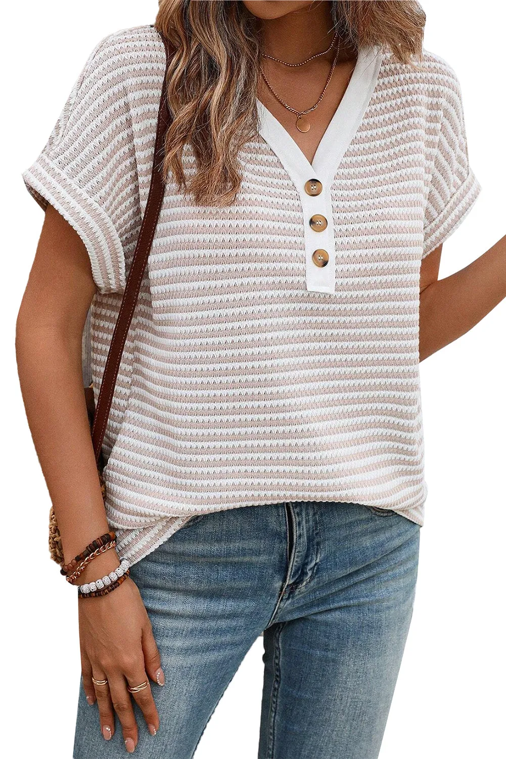 Khaki Striped Button Front V-Neck Knitted Top – Casual Chic Meets Timeless Comfort