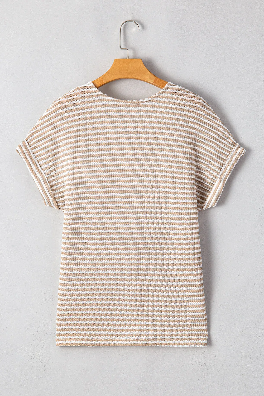 Khaki Striped Button Front V-Neck Knitted Top – Casual Chic Meets Timeless Comfort