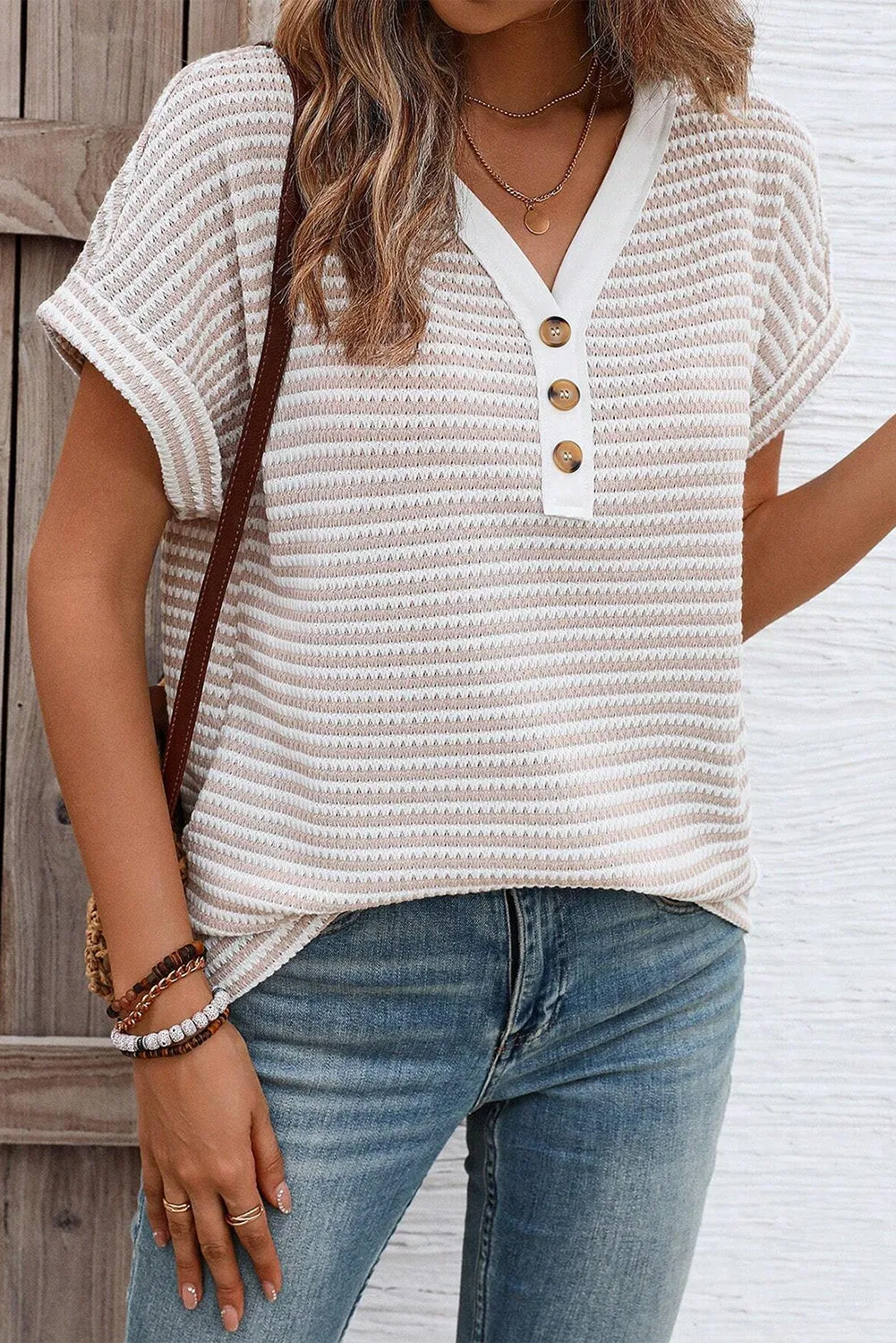 Khaki Striped Button Front V-Neck Knitted Top – Casual Chic Meets Timeless Comfort