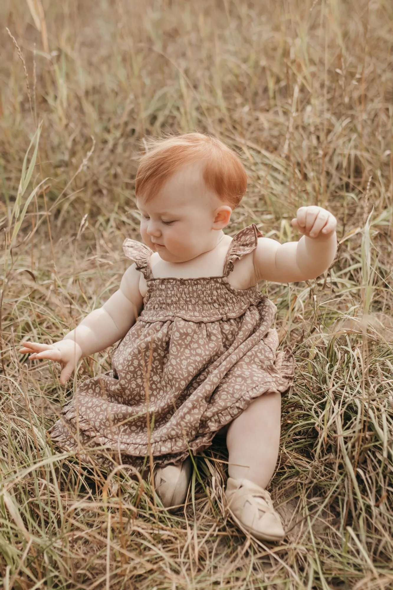 Kid's Printed Smocked Summer Dress in Latte Floral