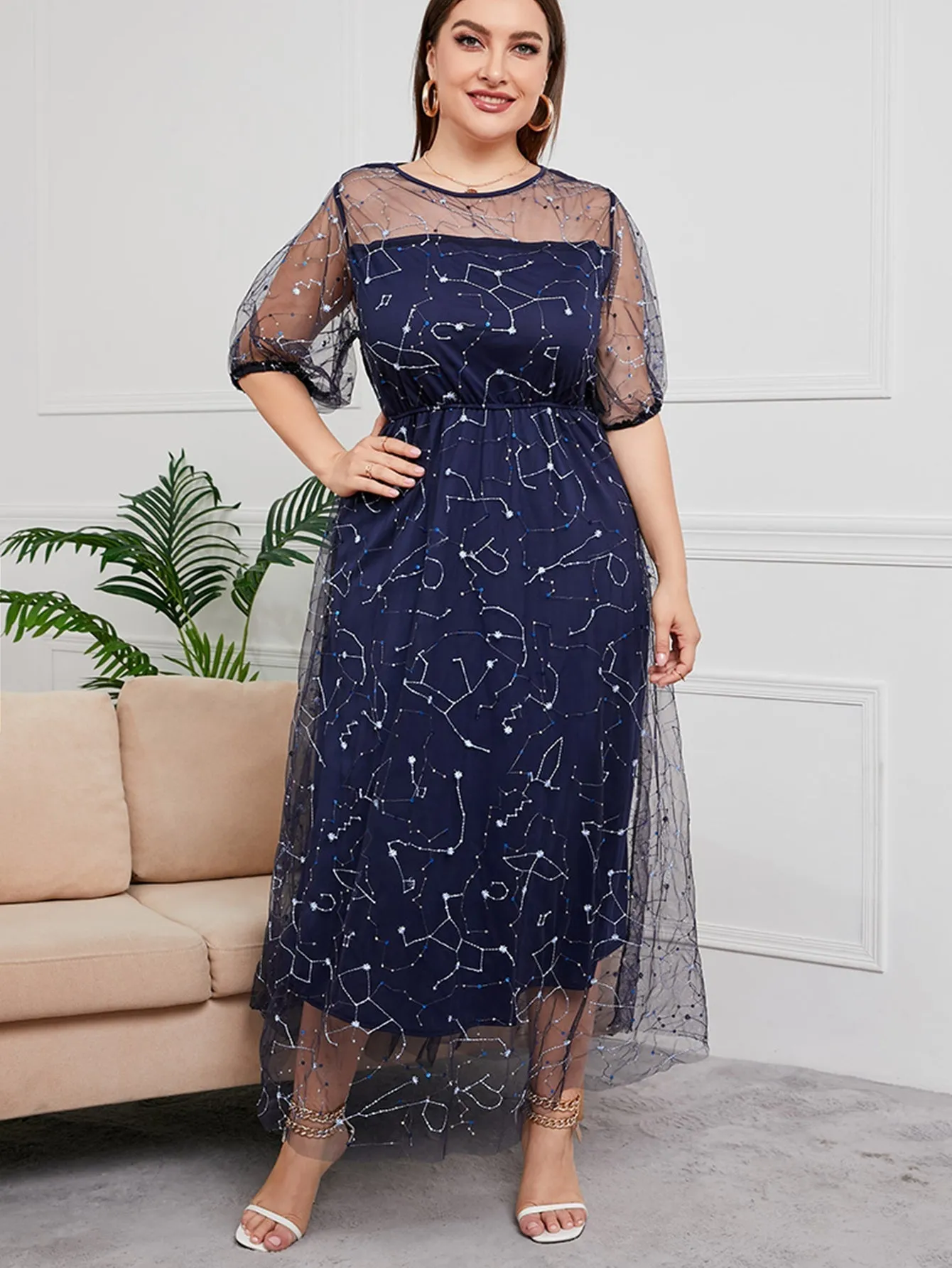 KittenAlarm - Plus Sequins Embroidery Mesh Overlay Dress