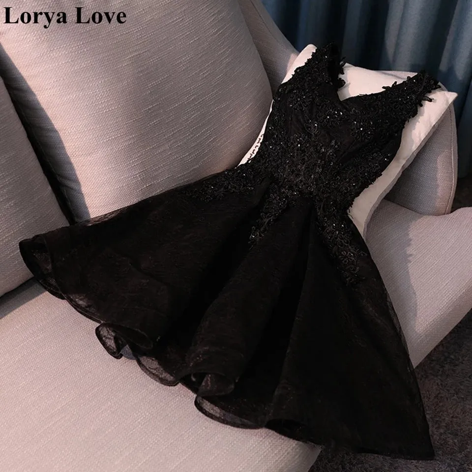 Lanfubeisi unique hoco dresses Black Evening Gown Prom Elegant Sleeveless Sequined Tulle Applique Annual Meeting Midi Dress Formal Dress for Women