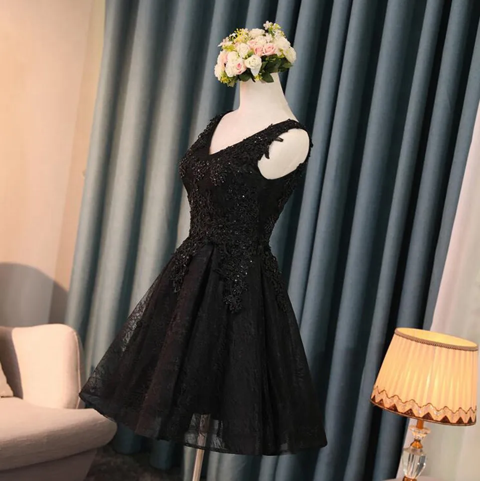 Lanfubeisi unique hoco dresses Black Evening Gown Prom Elegant Sleeveless Sequined Tulle Applique Annual Meeting Midi Dress Formal Dress for Women