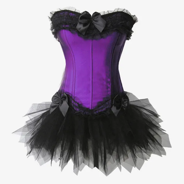 Layered Lace Trim Satin Burlesque Strapless Corset with Skirt