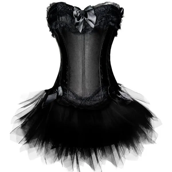 Layered Lace Trim Satin Burlesque Strapless Corset with Skirt