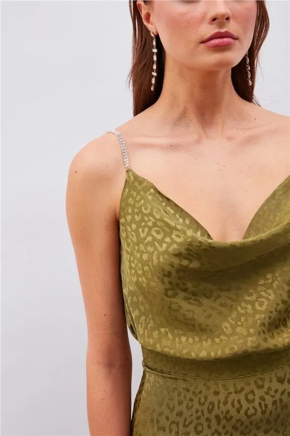 Leopard Cami Top with Diamond Strap - Olive Green