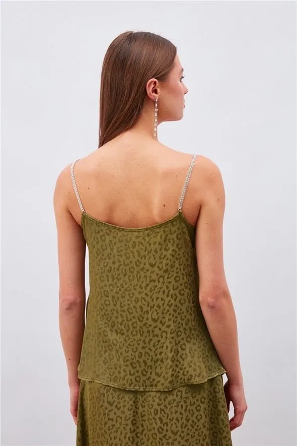 Leopard Cami Top with Diamond Strap - Olive Green