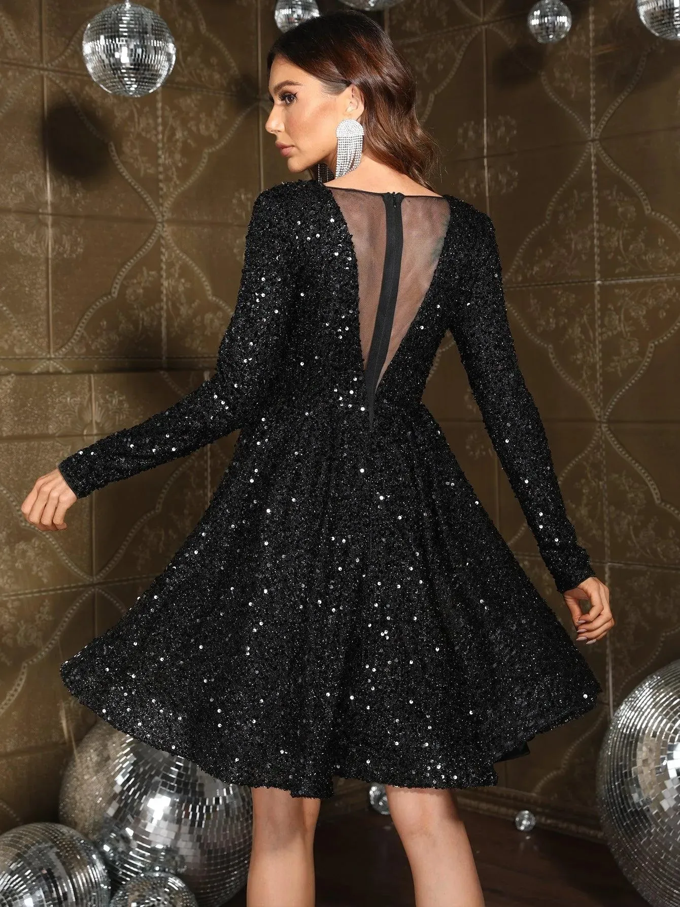 Long Sleeve Sequin A Line Cocktail Dress