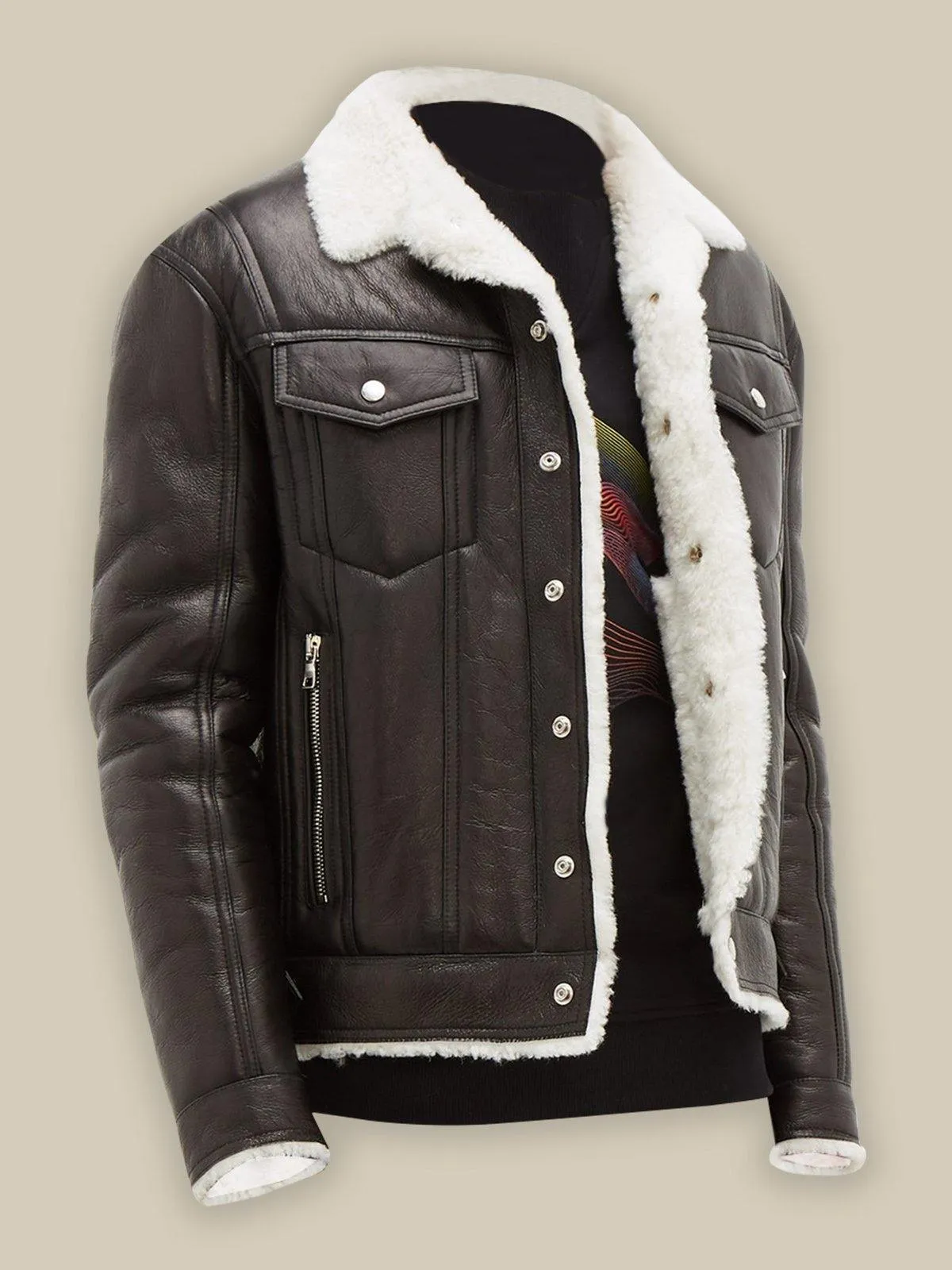 Men's Street Style Black Shearling Leather Jacket