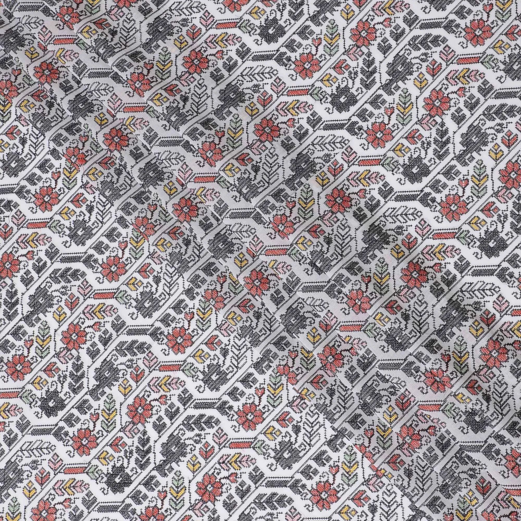 Monochrome Magic Cotton Voile Fabric - Traditional Indian Embroidery with Pops of Red, 110 cm Wide - Shop Online-D18125