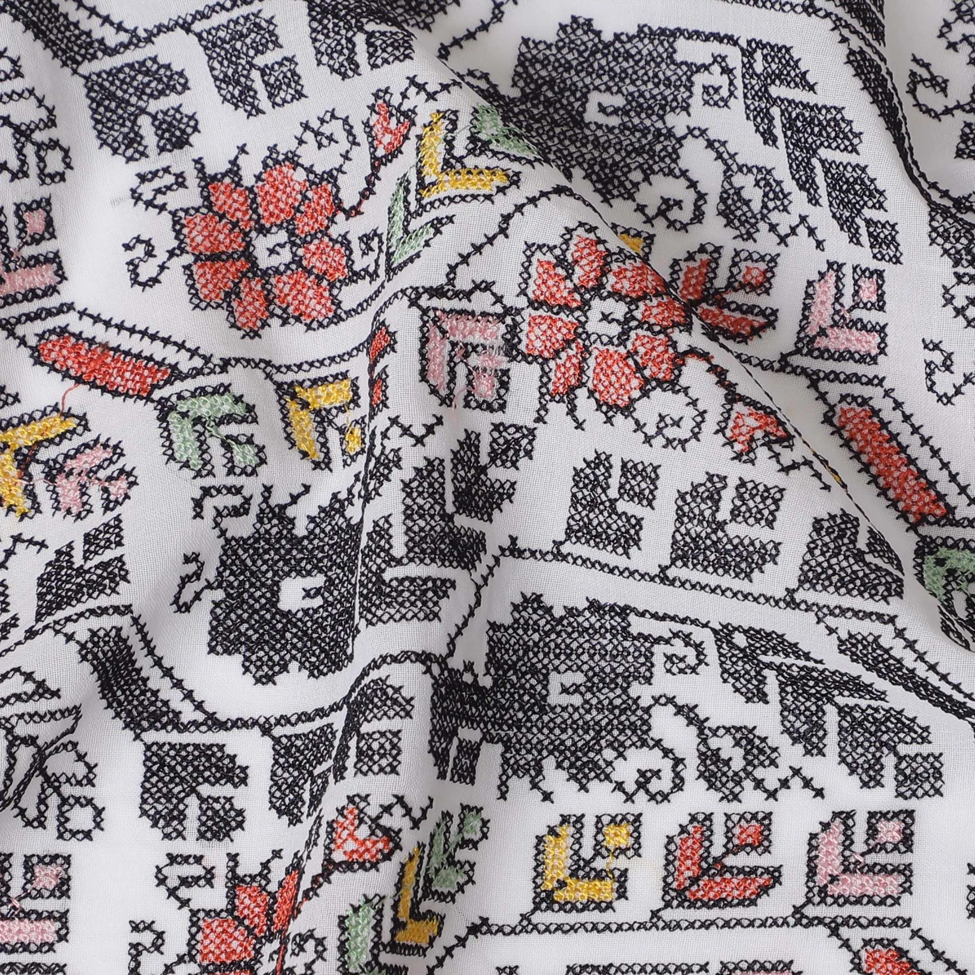 Monochrome Magic Cotton Voile Fabric - Traditional Indian Embroidery with Pops of Red, 110 cm Wide - Shop Online-D18125