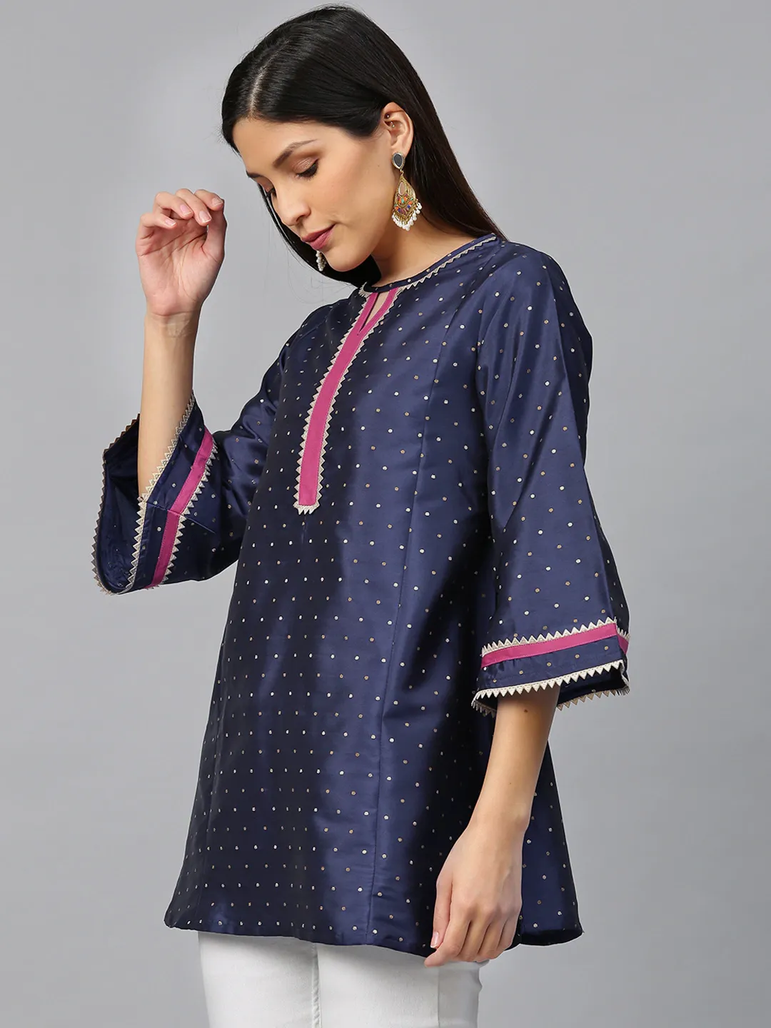 Navy Blue & Golden Woven Design Silk A-Line Tunic