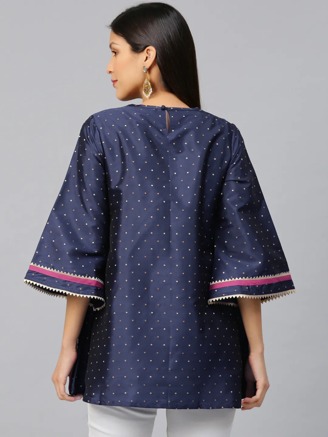 Navy Blue & Golden Woven Design Silk A-Line Tunic