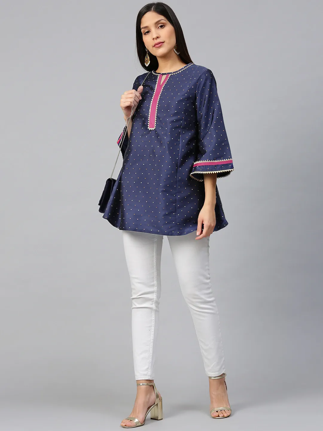 Navy Blue & Golden Woven Design Silk A-Line Tunic