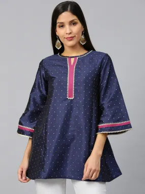 Navy Blue & Golden Woven Design Silk A-Line Tunic