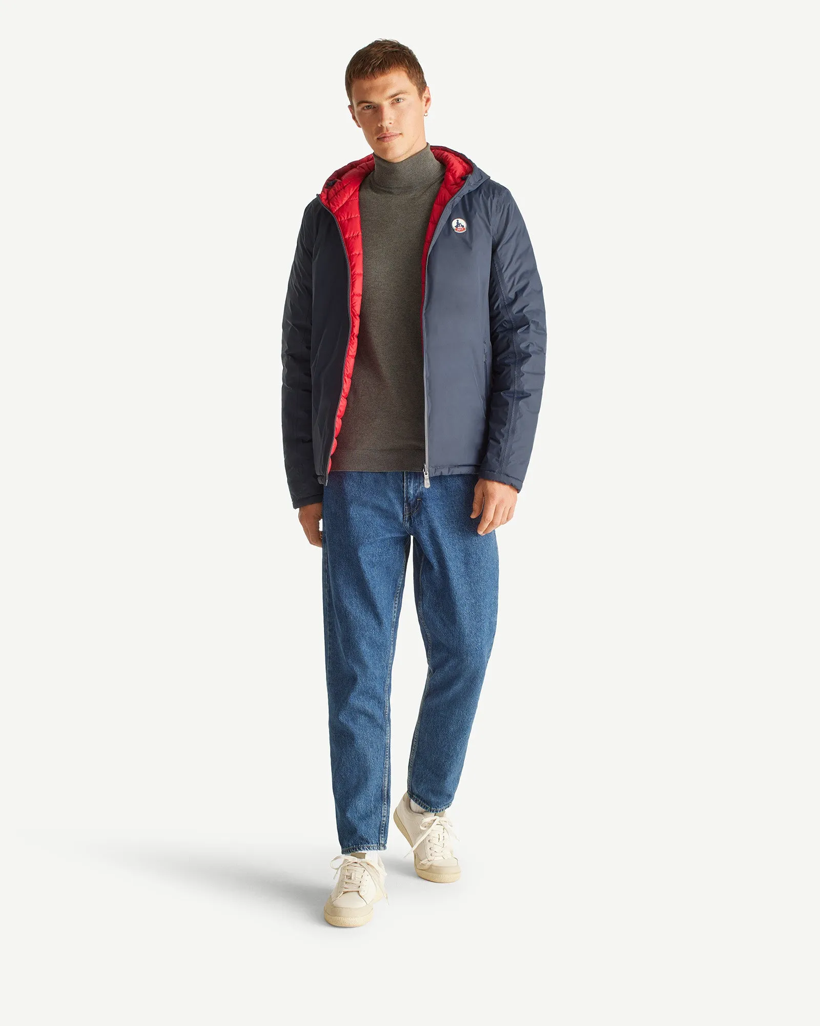 Navy Blue/Red Reversible hooded puffer jacket Bergen