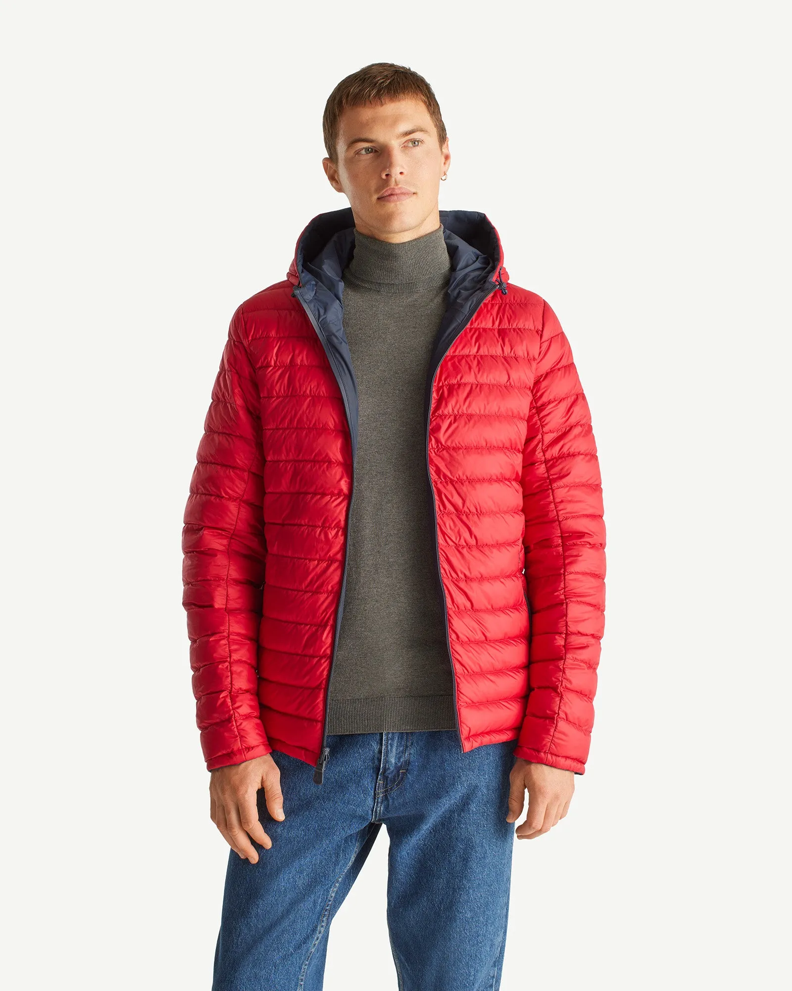 Navy Blue/Red Reversible hooded puffer jacket Bergen