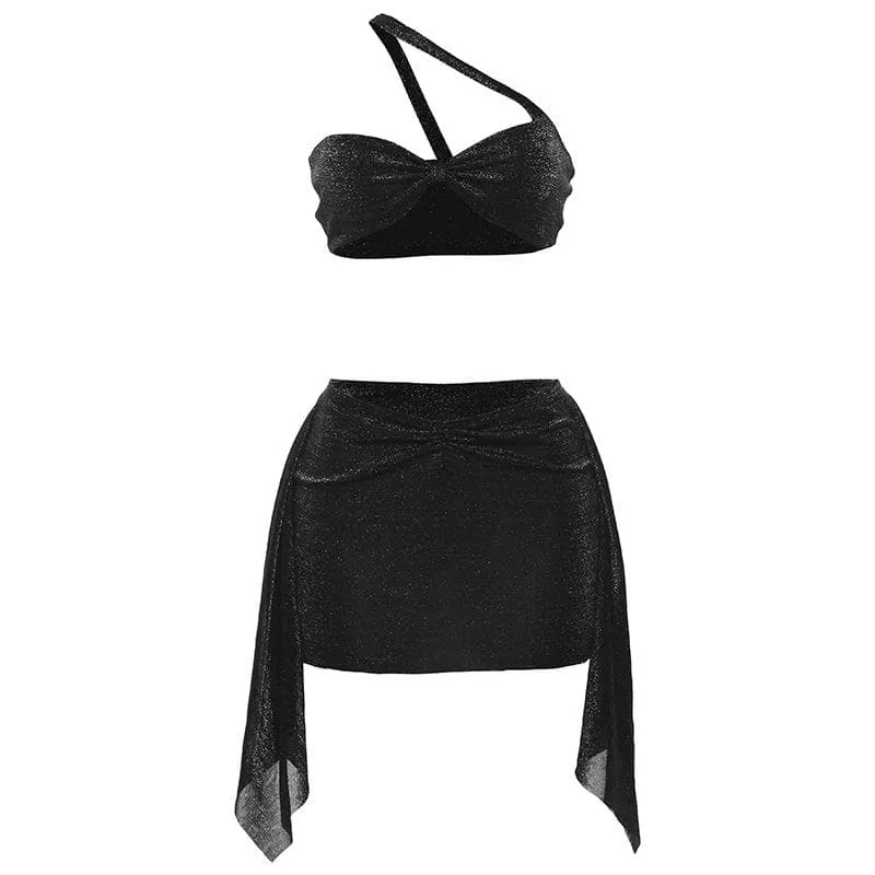 One shoulder irregular knotted ruched backless mini skirt set