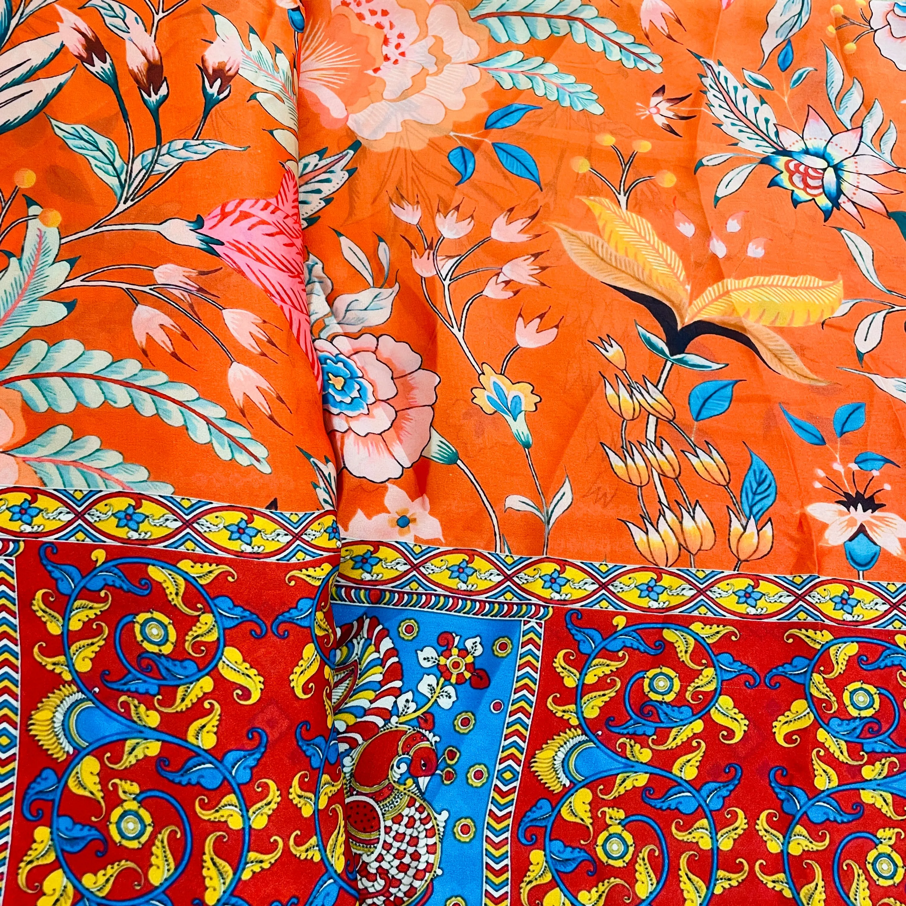 Orange Multicolor Floral Print Georgertte Satin 10