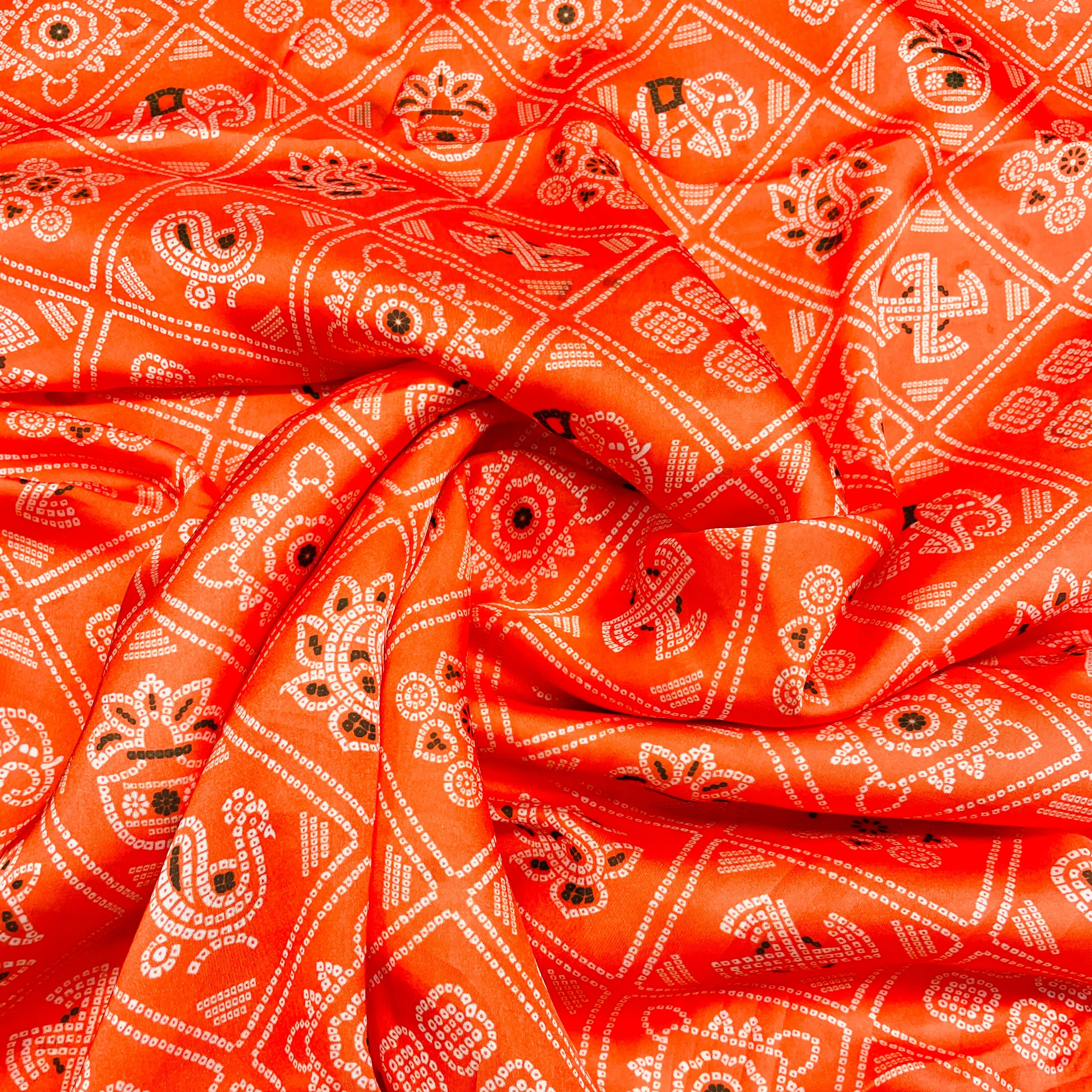 Orange Traditional Print Georgette Satin