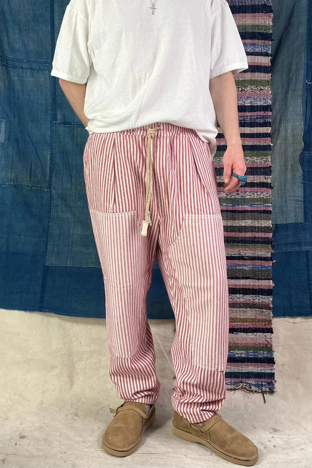 P70 Pleated Easy Pant Japanese Stripes Denim Sunfaded Red