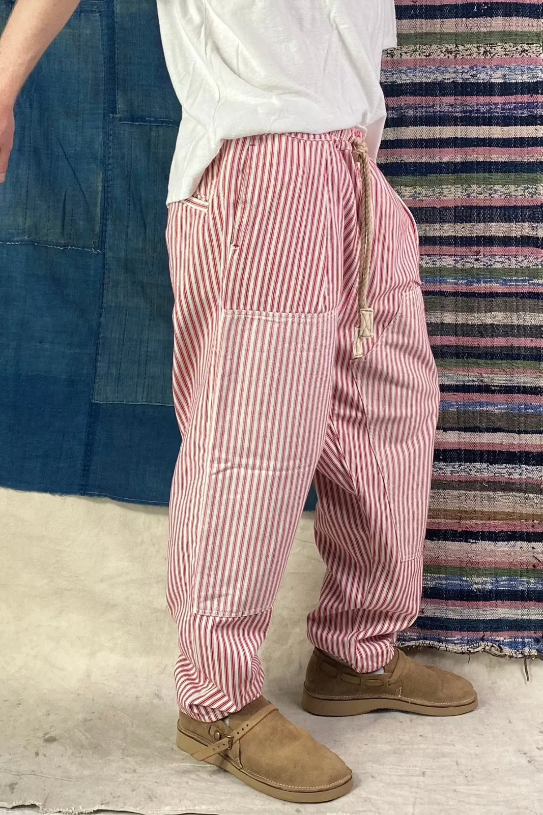 P70 Pleated Easy Pant Japanese Stripes Denim Sunfaded Red