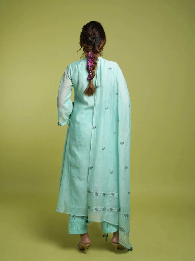 Pearl A-line Kurta Set- Firozi