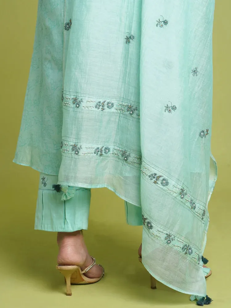 Pearl A-line Kurta Set- Firozi