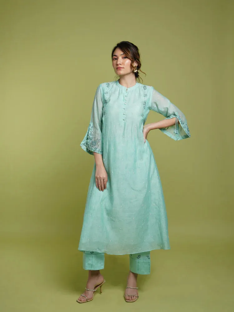 Pearl A-line Kurta Set- Firozi