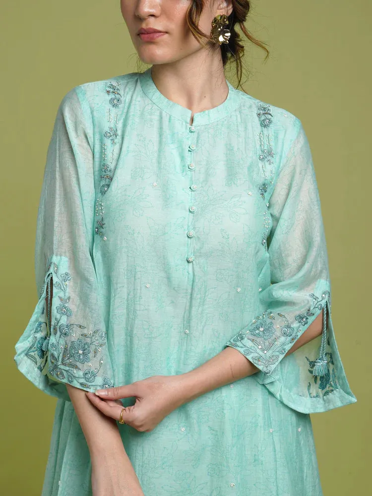 Pearl A-line Kurta Set- Firozi