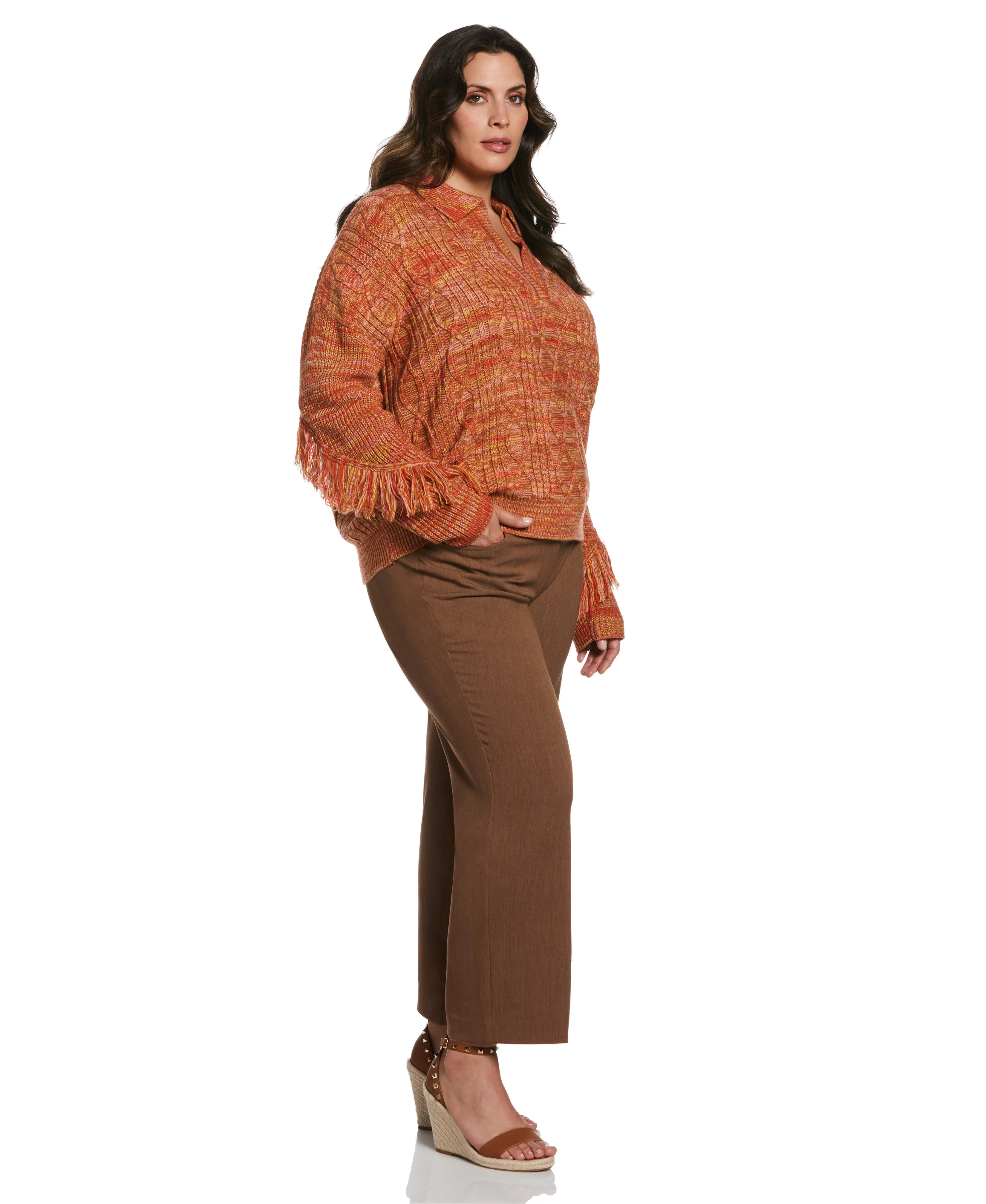 Plus Size Fringe Trim Polo Sweater