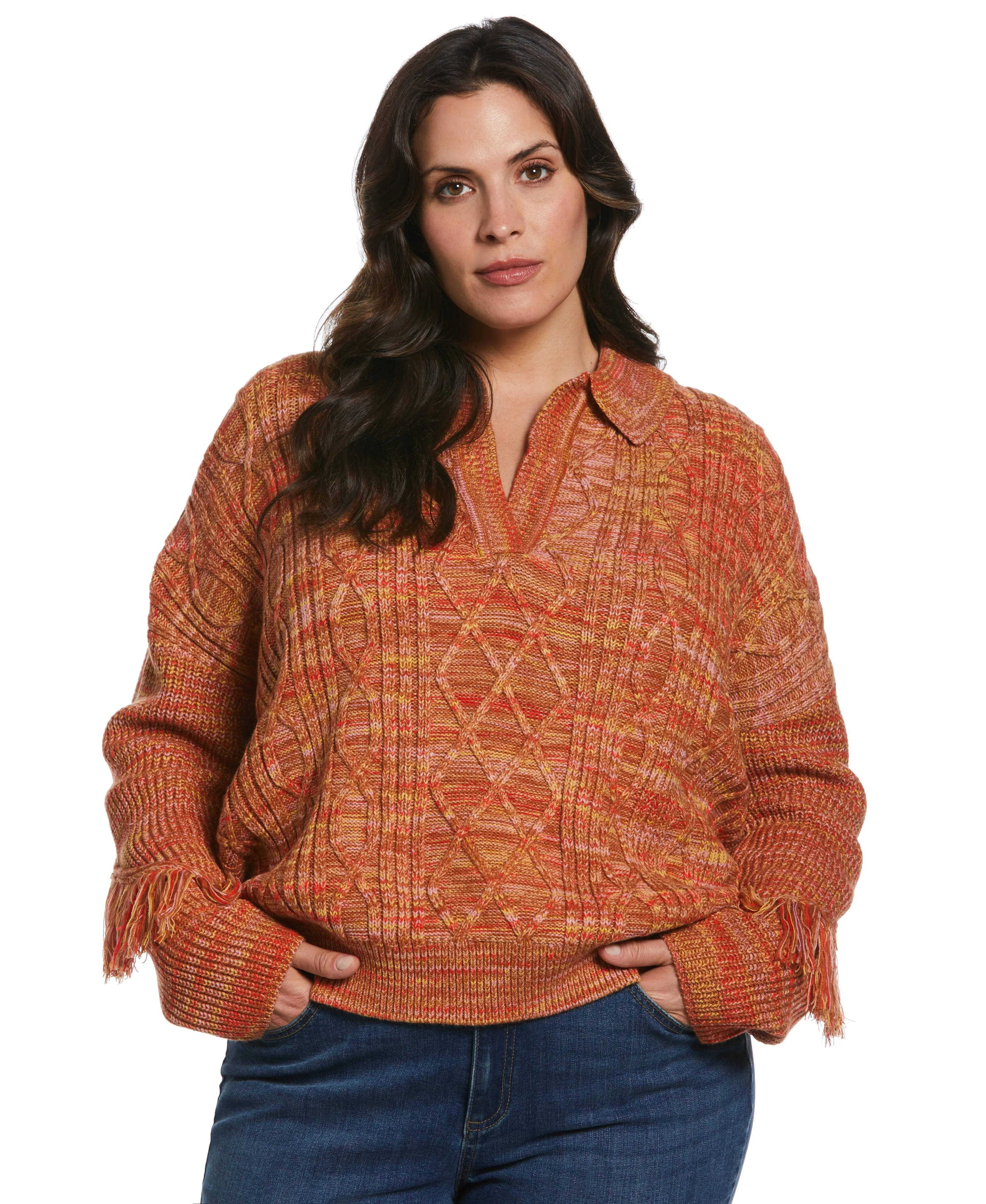 Plus Size Fringe Trim Polo Sweater