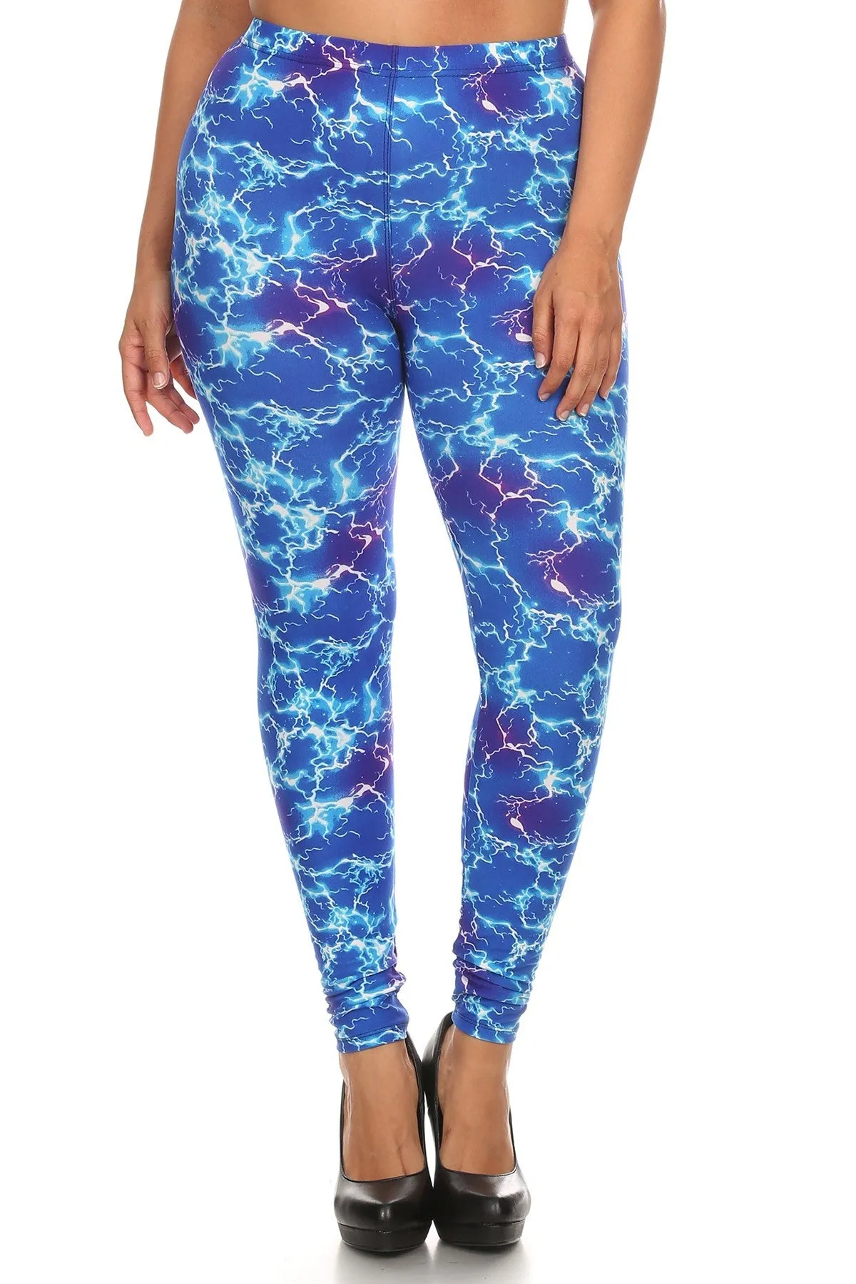 Plus Size Lightning Bolt Print Banded High Waist Leggings - Ships from The USA