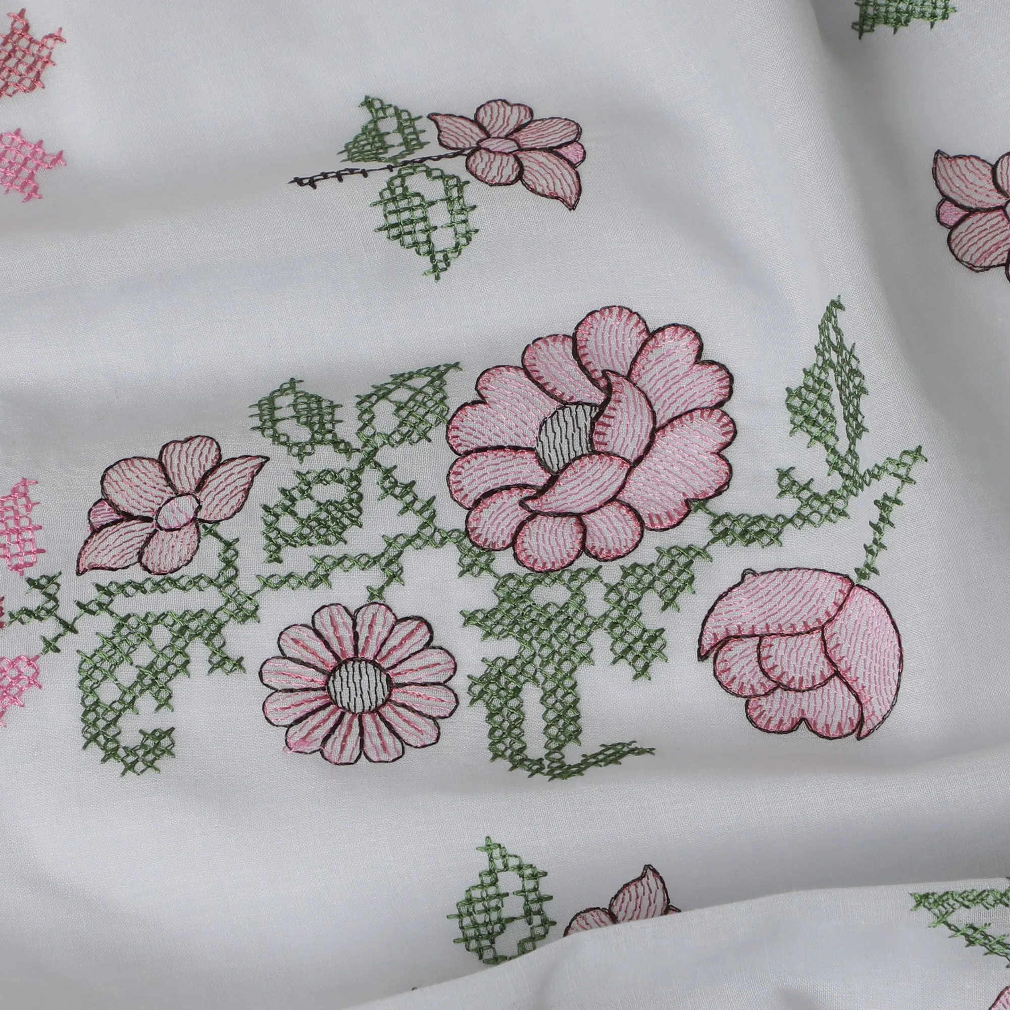 Premium Cotton Lawn Fabric with Delicate Pink Embroidery - 110 cm Width, Traditional Indian Craftsmanship-D18749