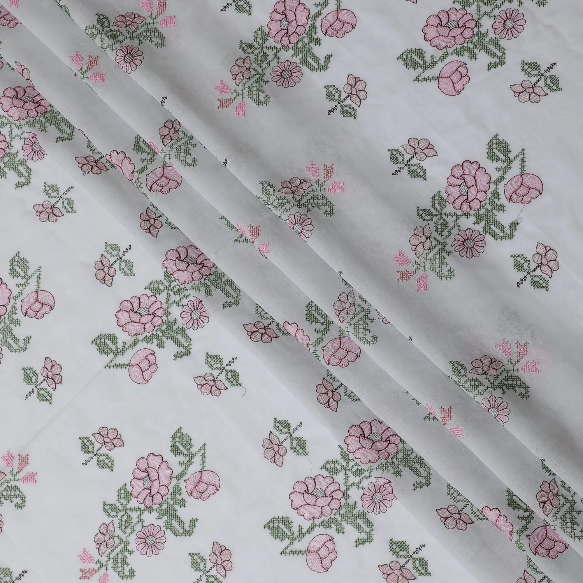 Premium Cotton Lawn Fabric with Delicate Pink Embroidery - 110 cm Width, Traditional Indian Craftsmanship-D18749